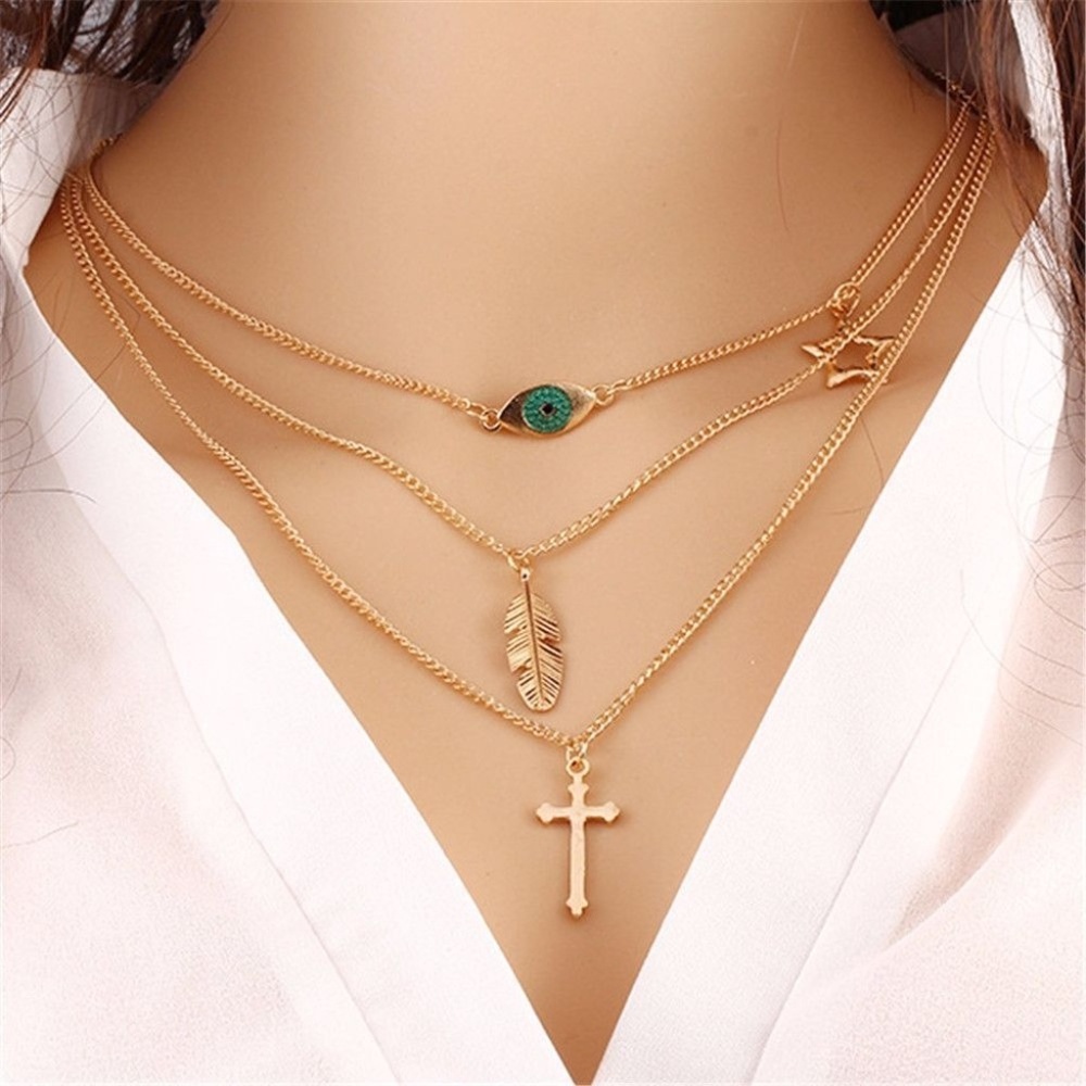 Multi Layer Gold Star Cross Evil Eye Necklace